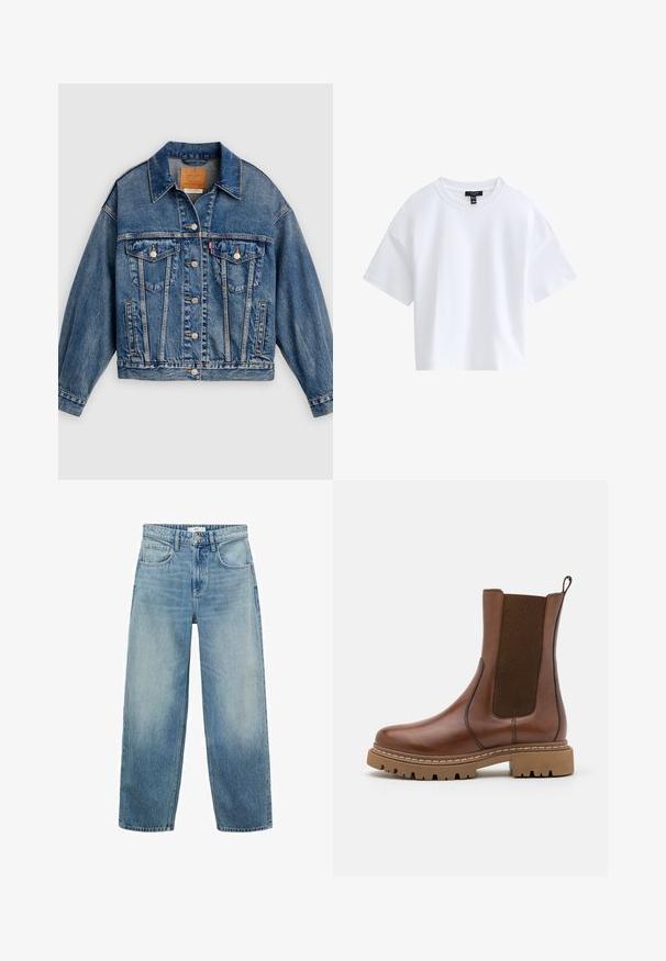 Blauwe spijkerjack met knoopsluiting aan de voorkant, twee borstflapzakken met knopen, zijzakken en een puntige kraag.; Effen witte cropped T-shirt met korte mouwen, een ronde hals en een zwart merkembleem aan de binnenkant van de kraag.; Lichtblauwe denim wijde jeans met een hoge taille, vijf zakken en een knoopsluiting. Verbleekte patroon naar de onderkant.; Bruine leren enkelboot met elastische panelen en een trekomed. Kenmerkt zich door een robuuste rubberen zool en zichtbare stiksels langs de randen.