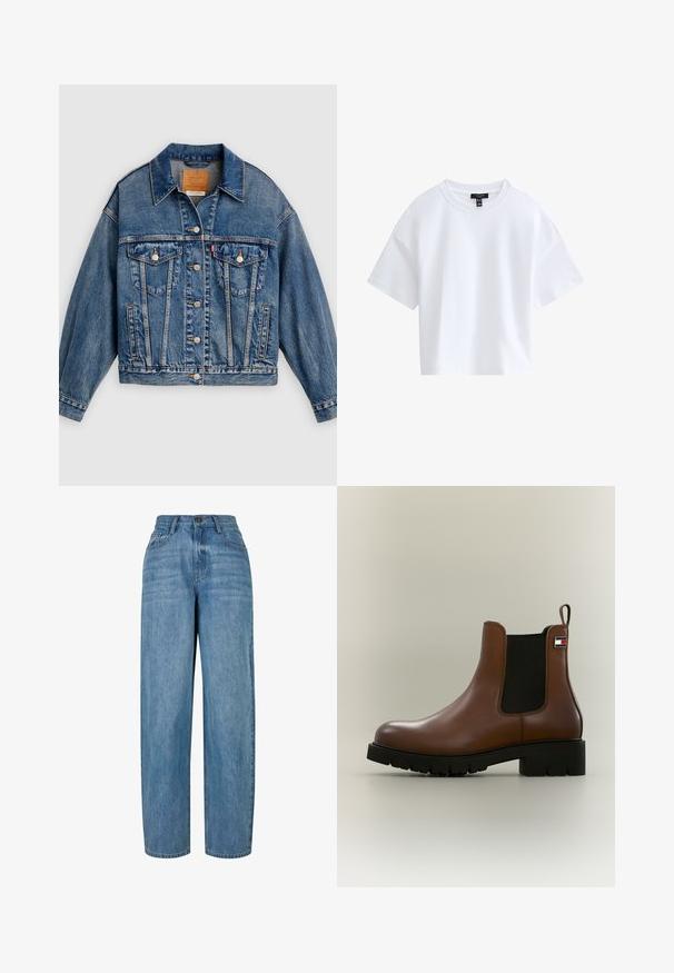 Blå denimjakke med knapper foran, to brystlommer med klap og knapper, sidelommer og en spids krave.; Simpel hvid kortærmet crop top med rund halsudskæring og sort mærke indeni kraven.; Lyseblå denimjeans med lige ben-design, der har en knaplukning, fem lommer og subtilt slid i stoffet.; Brun læder Chelsea-støvle med sort elastisk sidepanel, kraftig sort sål, hæl-strop og lille rektangulært logo på den øvre side.