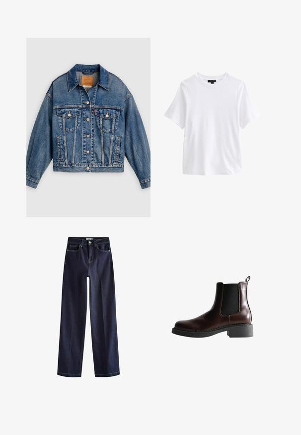 Blå denimjakke med knapper foran, to brystlommer med klap og knapper, sidelommer og en spids krave.; Hvid t-shirt med korte ærmer og rund halsudskæring med en sort tøjetiket inde i kraven på hvid baggrund.; Next Jeans Straight Leg - rinse blue; Brune læder ankelstøvle med elastiske sidepaneler, rund tå og en struktureret sort gummisål. Har kontrasterende syninger og en trækflap.