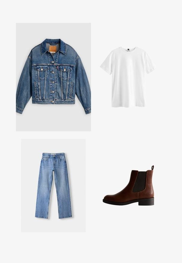 Blauwe spijkerjack met knoopsluiting aan de voorkant, twee borstflapzakken met knopen, zijzakken en een puntige kraag.; Effen wit T-shirt met korte mouwen en ronde hals met een zwart label aan de binnenkant van de kraag, plat weergegeven op een witte achtergrond.; Lichtblauwe denim jeans met een rechte pasvorm, voorzien van vijf zakken, een knoopsluiting aan de voorkant en subtiele vervaging voor textuur.; Bruine leren enkelboot met elastische zijkanten, ronde neus en een lage blokhak. Kenmerkt zich door contrasterende stiksels en een trekband.