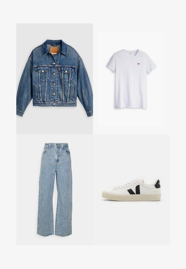 Blaue Jeansjacke mit Knopfleiste, zwei aufgesetzten Brusttaschen mit Knöpfen, Seitentaschen und spitzem Kragen.; Weißes Baumwoll-T-Shirt mit kurzen Ärmeln und rundem Ausschnitt. Besitzt ein kleines rotes Levi's-Logo auf der linken Brustseite.; Hellblaue, weit geschnittene Jeans mit hoher Taille, vorderem Knopf, Reißverschluss und Fünf-Taschen-Design auf neutralem Hintergrund.; Weißes Leder-Sneaker mit schwarzem Gummi-V-Logo. Strukturierte cremefarbene Sohle, weiße Schnürsenkel und Fersendetail in Schwarz mit dem Markennamen.