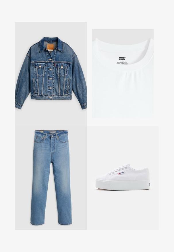 Chaqueta de mezclilla azul con cierre de botones al frente, dos bolsillos con solapa y botones en el pecho, bolsillos laterales y cuello puntiagudo.; Camiseta blanca de cuello redondo con etiqueta de la marca Levi's cosida en el interior del cuello, fabricada en Bangladesh.; Jeans de mezclilla azul claro de pierna recta con bolsillos frontales, lazos para cinturón y cierre de botón sobre un fondo liso.; Zapatilla de lona blanca con una gruesa suela de plataforma blanca, punta redonda y ojales de metal para los cordones. Logotipo de la marca mostrado en el lateral.