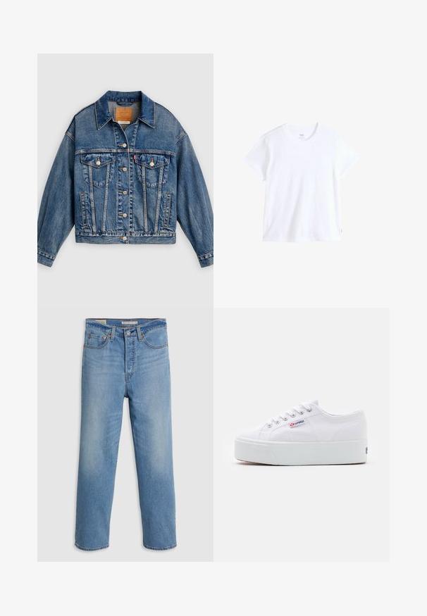 Blå denimjakke med knapper foran, to brystlommer med klap og knapper, sidelommer og en spids krave.; Hvid bomuld t-shirt med korte ærmer, rund halsudskæring og lige kant. Har en lille rød logoetiket på nederste venstre side.; Lysblå lige ben denimbukser med forlommer, bæltestropper og en knaplukning på en ensfarvet baggrund.; Hvide canvas sneakers med en tyk hvid platformssål, rund tå og metaløjelets til snørebånd. Mærkets logo præsenteret på siden.