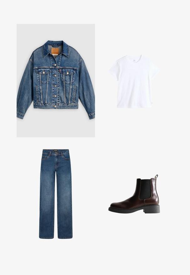 Veste en denim bleue avec fermeture à boutons, deux poches poitrine à rabat avec boutons, poches latérales et col pointu.; T-shirt en coton blanc à manches courtes, col rond et ourlet droit. Présente une petite étiquette logo rouge sur le bas côté gauche.; Jean en denim à jambes larges, de couleur bleu moyen. Comprend cinq poches, fermeture par bouton et fermeture éclair, et coutures doubles. Tissu durable.; Bottine en cuir marron avec des panneaux élastiques sur les côtés, bout rond et semelle en caoutchouc noir texturé. Comprend des coutures contrastées et une languette.