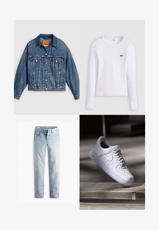 Blå denimjakke med knapper foran, to brystlommer med klap og knapper, sidelommer og en spids krave.; Hvid Levi's langærmet skjorte med rund halsudskæring og lille rødt Levi's-logo på venstre bryst, vist på en ensfarvet baggrund.; Lyseblå denimjeans med lige ben, fem lommer og metal-knapper i en standard livvidde.; Hvid Nike Air Force 1 sneaker svævende over en betonoverflade med skygger i et minimalistisk miljø.