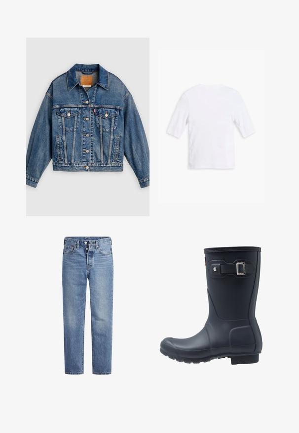 Blå denimjakke med knapper foran, to brystlommer med klap og knapper, sidelommer og en spids krave.; Hvid bomulds t-shirt med korte ærmer, rund halsudskæring og en glat overflade. Ingen synlige mønstre eller udsmykninger.; Lyseblå denimjeans med lige pasform, fem-lomme-design og knaplukning. Har subtile falmede detaljer og orange søm.; Sort gummistøvle med rund tå, struktureret sål og justerbar remdetalje. Glat overflade med mat finish.