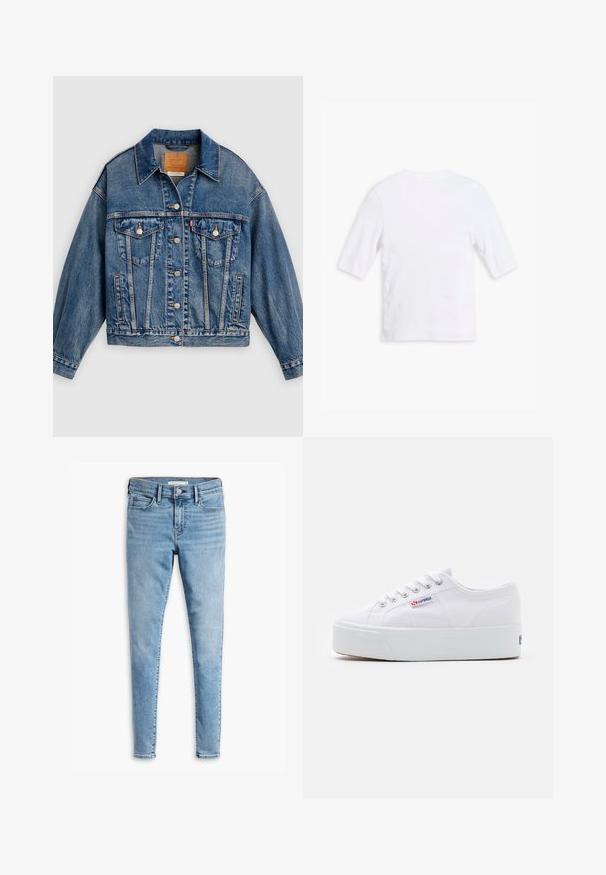 Veste en denim bleue avec fermeture à boutons, deux poches poitrine à rabat avec boutons, poches latérales et col pointu.; T-shirt en coton blanc avec des manches courtes, un col rond et une texture lisse. Aucun motif ou embellissement visible.; Jean super skinny bleu clair avec fermeture à bouton et fermeture éclair à l'avant, passants de ceinture et design à cinq poches.; Baskets en toile blanches avec une épaisse semelle plateforme blanche, bout rond et œillets en métal pour les lacets. Logo de la marque affiché sur le côté.