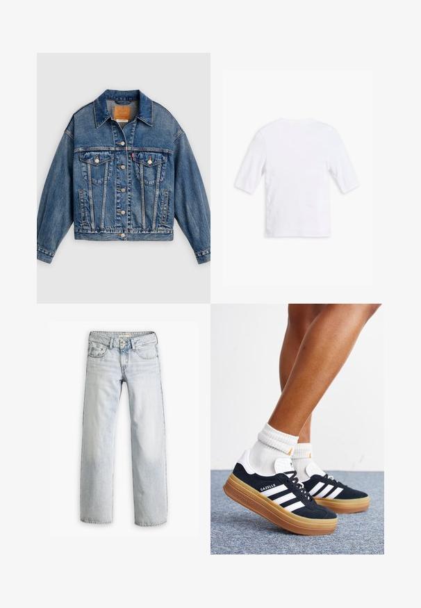 Blå denimjakke med knapper foran, to brystlommer med klap og knapper, sidelommer og en spids krave.; Hvid bomulds t-shirt med korte ærmer, rund halsudskæring og en glat overflade. Ingen synlige mønstre eller udsmykninger.; Lyseblå denimjeans med en afslappet pasform, høj talje og fem-lomme design. Har syning detaljer og knaplukning.; Ben iført hvide sokker og sorte Adidas Gazelle sneakers med hvide striber og tykke brune såler på et gråt tæppe.