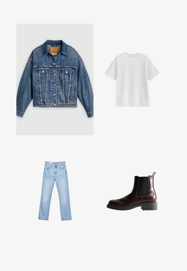 Blauwe spijkerjack met knoopsluiting aan de voorkant, twee borstflapzakken met knopen, zijzakken en een puntige kraag.; Effen witte T-shirt met korte mouwen en ronde hals, regular fit en een gladde stoftextuur op een witte achtergrond.; Lichtblauwe denim jeans met een rechte snit, vijf-pocket ontwerp en zichtbare stiksels. Middenhoge taille met een klassieke knoop- en ritssluiting.; Bruine leren enkelboot met elastische zijpanelen, ronde neus en een gestructureerde zwarte rubberen zool. Heeft contrasterende stiksels en een lusje aan de achterkant.
