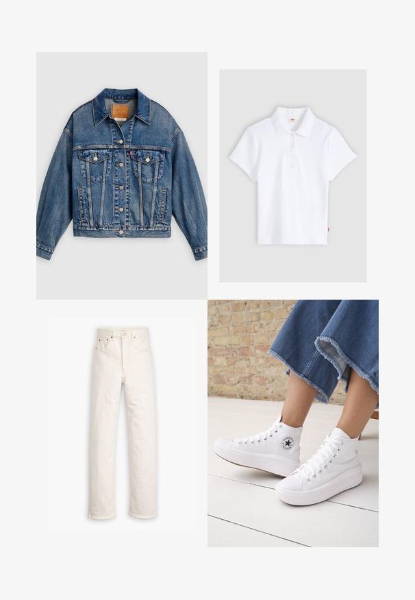 Blauwe spijkerjack met knoopsluiting aan de voorkant, twee borstflapzakken met knopen, zijzakken en een puntige kraag.; Wit kortärmelig geribd poloshirt met kraag en vier knopen, plat gelegd op een lichtgrijze achtergrond.; Witte denim jeans met een recht gesneden ontwerp, vijf zakken en koperen hardware accenten. Afgeronde zoom aan de enkels.; Persoon draagt witte hoge Converse-sneakers met dikke zolen en korte jeans met rafelige zoom tegen een bakstenen muur en witte vloer.