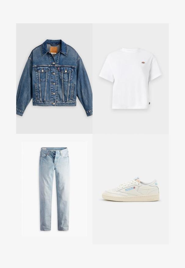 Blaue Jeansjacke mit Knopfleiste, zwei aufgesetzten Brusttaschen mit Knöpfen, Seitentaschen und spitzem Kragen.; Weißes Baumwoll-T-Shirt mit einem lockeren Schnitt, das ein kleines Logopatch auf der Brust und ein Etikett an der Seite für zusätzliche Details aufweist.; Hellblaue Jeans aus Denim mit geradem Bein, fünf Taschen und Metallknöpfen am Standardbund.; Reebok-Sneaker aus beige Leder mit hellblauen Akzenten. Verfügt über eine perforierte Zehe, flache Schnürsenkel und eine strukturierte Gummisohle.