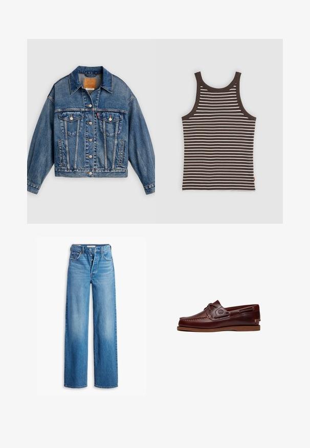 Blaue Jeansjacke mit Knopfleiste, zwei aufgesetzten Brusttaschen mit Knöpfen, Seitentaschen und spitzem Kragen.; Braun-weiß horizontal gestreiftes ärmelloses geripptes Tanktop mit rundem Ausschnitt und figurbetontem Schnitt.; Blaue Denim-Jeans mit hoher Taille, weitem Bein-Design und Fünf-Taschen-Stil. Sie verfügen über einen Knopfverschluss und ein verwaschenes Finish.; Brauner Leder-Bootsschuh mit Schnürsenkeln, Nahtdetails und Timberland-Logo an der Seite, auf weißem Hintergrund gezeigt.