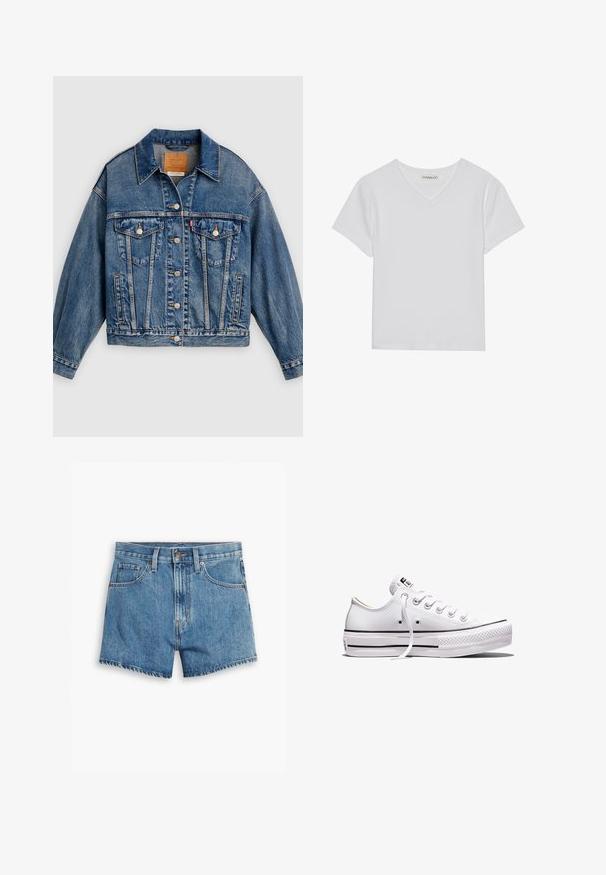 Blaue Jeansjacke mit Knopfleiste, zwei aufgesetzten Brusttaschen mit Knöpfen, Seitentaschen und spitzem Kragen.; Weißes kurzärmliges V-Ausschnitt-T-Shirt aus Rippstoff. Es zeichnet sich durch ein sauberes Design mit geradem Saum und minimalen Details aus.; Hellblaue Denim-Shorts mit fünf Taschen, einem Reißverschluss und einem Knopfverschluss. Der Saum ist fransig und das Design bietet eine lässige Passform.; Weißer Sneaker aus Segeltuch mit niedrigem Schnitt, weißen Schnürsenkeln, Gummisohle, schwarzen Streifendetails und Logopatch auf der Zunge und Ferse.