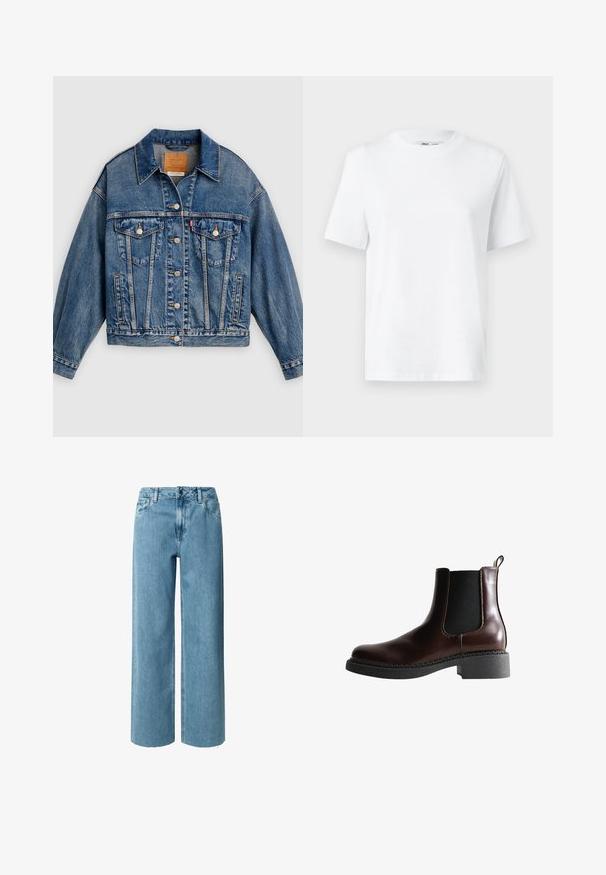 Blauwe spijkerjack met knoopsluiting aan de voorkant, twee borstflapzakken met knopen, zijzakken en een puntige kraag.; Witte katoenen T-shirt met ronde hals, korte mouwen en een gladde textuur. Ontworpen met een comfortabele en veelzijdige relaxte pasvorm.; Blauwe denim wijde jeans met een hoge taille, voorzien van riemlussen, een ritssluiting en rafelige uiteinden. De stof heeft een zachte, gladde textuur.; Bruine leren enkelboot met elastische zijpanelen, ronde neus en een gestructureerde zwarte rubberen zool. Heeft contrasterende stiksels en een lusje aan de achterkant.