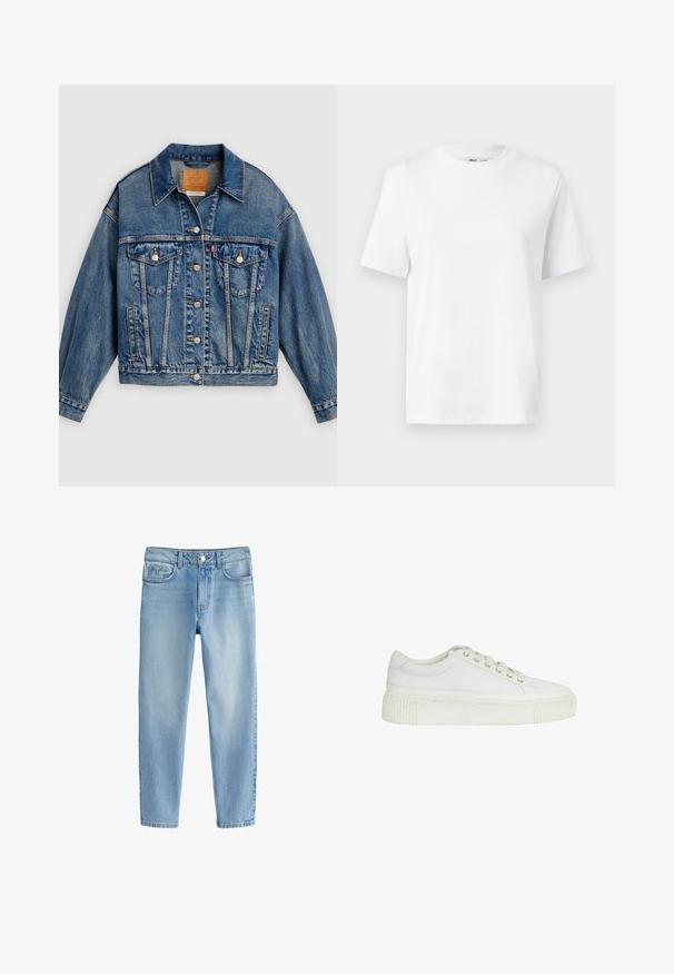 Blauwe spijkerjack met knoopsluiting aan de voorkant, twee borstflapzakken met knopen, zijzakken en een puntige kraag.; Witte katoenen T-shirt met ronde hals, korte mouwen en een gladde textuur. Ontworpen met een comfortabele en veelzijdige relaxte pasvorm.; Lichtblauwe katoenen denim jeans met een rechte pijpdesign, voorzien van vijf zakken en een knoopsluiting bij de taille.; Witte lage sneaker met dikke zool, veters aan de voorkant en subtiele stikseldetails, tegen een effen witte achtergrond.