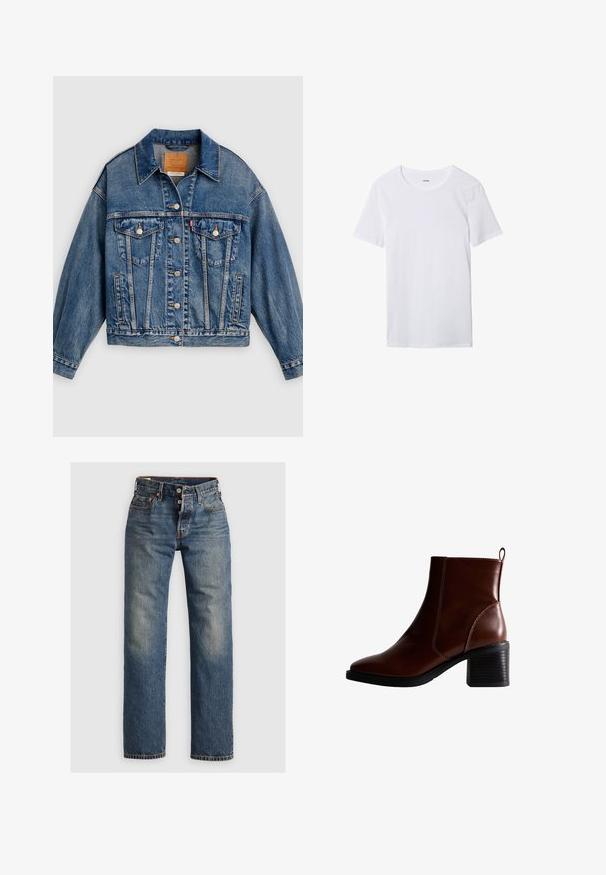 Blaue Jeansjacke mit Knopfleiste, zwei aufgesetzten Brusttaschen mit Knöpfen, Seitentaschen und spitzem Kragen.; Einfaches weißes T-Shirt mit kurzen Ärmeln und Rundhalsausschnitt mit glatter Textur, flach auf weißem Hintergrund dargestellt.; Blaue Denim-Jeans mit geradem Bein, ausgestattet mit sichtbaren Nähten, einem Reißverschluss und fünf Taschen. Ausgewaschene Stellen sorgen für Textur.; Braune Leder-Ankle-Boots mit quadratförmiger Spitze und seitlicher Naht, einem 7,5 cm hohen Blockabsatz und einem Ziehhilfen an der Rückseite für einfaches An- und Ausziehen.