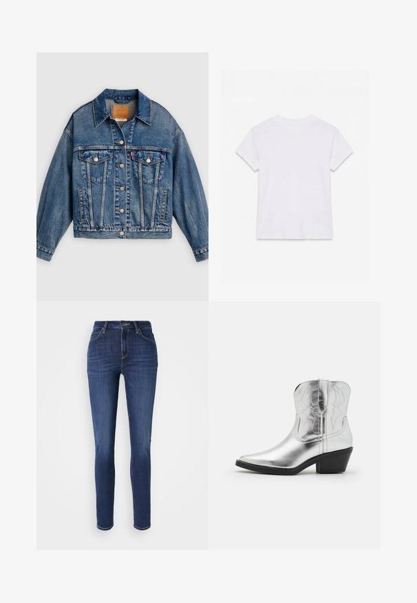 Blå denimjakke med knapper foran, to brystlommer med klap og knapper, sidelommer og en spids krave.; Hvid kortærmet t-shirt i bomuld med rund hals, lagt fladt på en hvid baggrund.; Slim-fit jeans i mørkeblå denim med subtil falmning. Har fem lommer, bæltestropper og en frontknaplukning. Standard lige ben design.; Sølvfarvede læder cowboy-støvler med spidse tæer, syede detaljer på skaftet og en moderat sort hæl. Glat og skinnende overflade.