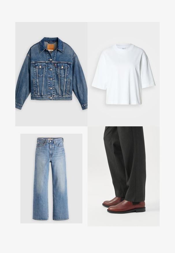 Chaqueta de mezclilla azul con cierre de botones al frente, dos bolsillos con solapa y botones en el pecho, bolsillos laterales y cuello puntiagudo.; Camiseta blanca corta con mangas cortas, escote redondo, hecha de material de algodón suave, con un diseño simple y limpio.; Pantalones vaqueros de mezclilla de corte ancho en azul claro, con cintura alta, zonas desteñidas, cinco bolsillos y costuras en contraste. Cierre clásico con botón y cremallera.; Persona que lleva pantalones rectos de color gris oscuro y zapatos de vestir de cuero marrón sin cordones, de pie sobre un suelo blanco.