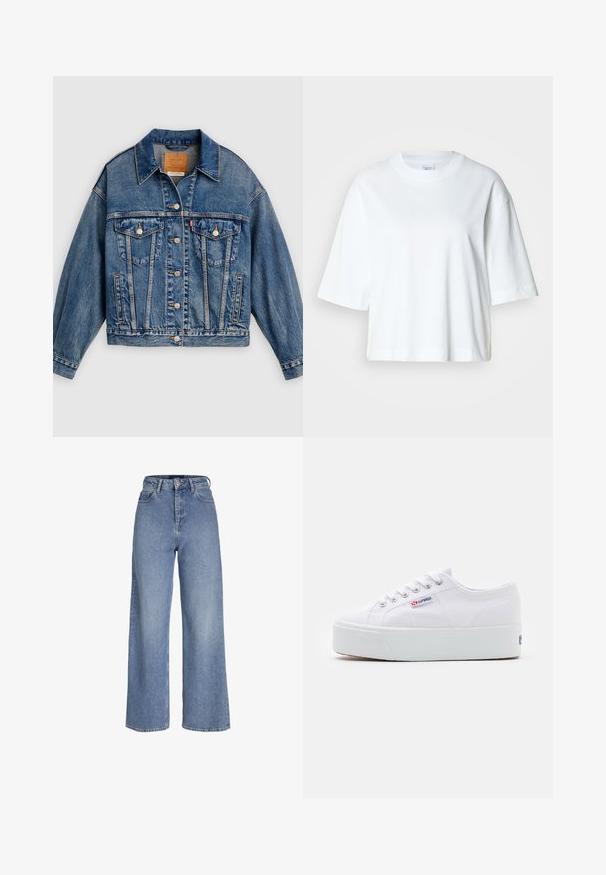 Chaqueta de mezclilla azul con cierre de botones al frente, dos bolsillos con solapa y botones en el pecho, bolsillos laterales y cuello puntiagudo.; Camiseta blanca corta con mangas cortas, escote redondo, hecha de material de algodón suave, con un diseño simple y limpio.; Vaqueros de mezclilla azul claro de talle alto con perneras anchas, cierre frontal con botón y cremallera, y diseño de cinco bolsillos.; Zapatilla de lona blanca con una gruesa suela de plataforma blanca, punta redonda y ojales de metal para los cordones. Logotipo de la marca mostrado en el lateral.