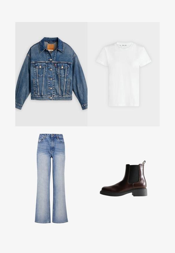 Blå denimjakke med knapper foran, to brystlommer med klap og knapper, sidelommer og en spids krave.; En simpel hvid T-shirt med korte ærmer og rund hals lagt fladt på en lys grå baggrund, hvor forsiden med label inde i halsen vises.; Lys blå denim bred-benede jeans har høj talje, knaplukning, diskret slidmærker og et klassisk fem-lomme design.; Brune læder ankelstøvle med elastiske sidepaneler, rund tå og en struktureret sort gummisål. Har kontrasterende syninger og en trækflap.