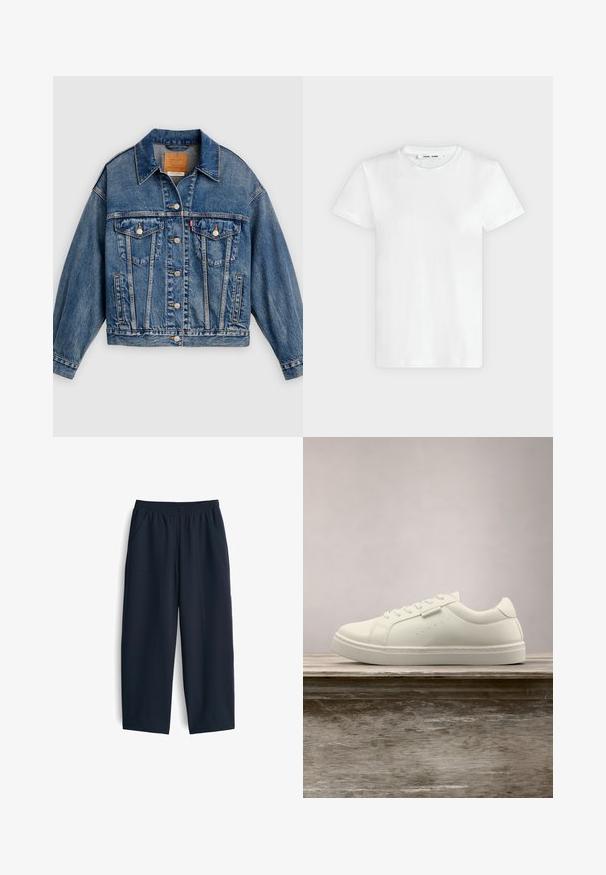 Blauwe spijkerjack met knoopsluiting aan de voorkant, twee borstflapzakken met knopen, zijzakken en een puntige kraag.; Effen witte T-shirt met korte mouwen en ronde hals, plat liggend op een lichtgrijze achtergrond, met voorzijde en label aan de binnenkant van de halslijn zichtbaar.; Navy blauwe broek van gladde stof, met een elastische tailleband, twee zijzakken en een relaxte pasvorm met rechte pijpen.; Witte leren sneaker met veters die boven een houten bank zweeft, met groen lang gras dat op de achtergrond vervaagd is in de buitenlucht.