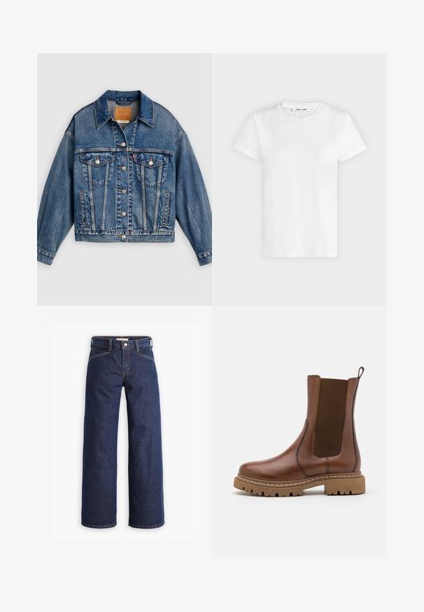 Blå denimjakke med knapper foran, to brystlommer med klap og knapper, sidelommer og en spids krave.; En simpel hvid T-shirt med korte ærmer og rund hals lagt fladt på en lys grå baggrund, hvor forsiden med label inde i halsen vises.; Mørkeblå denim jeans med høj talje, bred benklipp og diskret orange syninger. Har knap- og lynlåslukning foran.; Brune læder ankelstøvle med elastiske paneler og en trækflap. Har en kraftig gummisål og synlige stikninger langs kanterne.