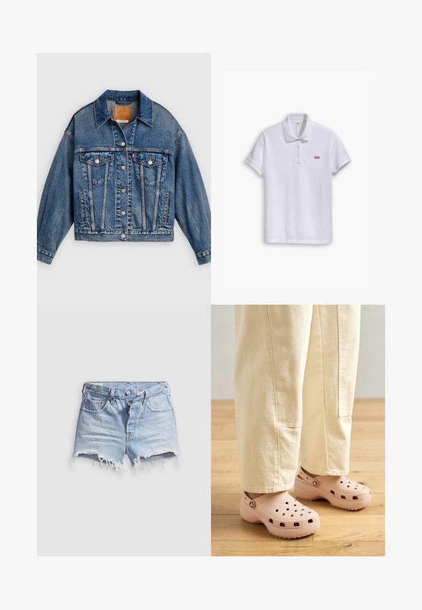 Blauwe spijkerjack met knoopsluiting aan de voorkant, twee borstflapzakken met knopen, zijzakken en een puntige kraag.; Witte polo shirt van katoen, met een klassieke kraag, een drie-knopen sluiting en een klein rood Levi's-logo op de linkerborst.; Lichtblauwe denim short met afgeknipte pijpen en rafelige zoom, vijf zakken en een knoopsluiting. De stof is zacht en heeft een licht versleten uitstraling.; Lichtroze klompen van rubber, met ventilatiegaten, een gevormde pasvorm en een geprofileerde zool voor grip. Draagt in combinatie met lichtbeige broek.