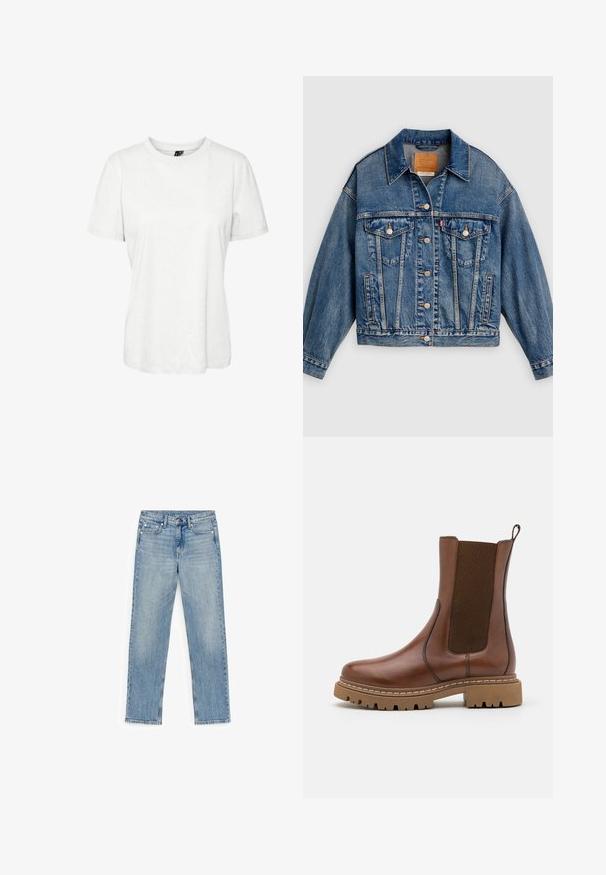 Blå denimjakke med knapper foran, to brystlommer med klap og knapper, sidelommer og en spids krave.; Hvid kortærmet t-shirt lavet af bomuld med rund halsudskæring og afslappet pasform. Glat tekstur og ingen synlige mønstre eller dekorationer.; Lyseblå straight-leg denimjeans med frontknap, lynlås, bæltestropper og femlomme-design på hvid baggrund.; Brune læder ankelstøvle med elastiske paneler og en trækflap. Har en kraftig gummisål og synlige stikninger langs kanterne.