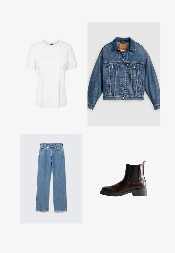 Blå denimjakke med knapper foran, to brystlommer med klap og knapper, sidelommer og en spids krave.; Hvid kortærmet t-shirt lavet af bomuld med rund halsudskæring og afslappet pasform. Glat tekstur og ingen synlige mønstre eller dekorationer.; Blå, høj-taljede, straight-leg denimjeans med frontknap, lynlås, bæltestropper og fem-lommer design på en ensartet lys baggrund.; Brune læder ankelstøvle med elastiske sidepaneler, rund tå og en struktureret sort gummisål. Har kontrasterende syninger og en trækflap.