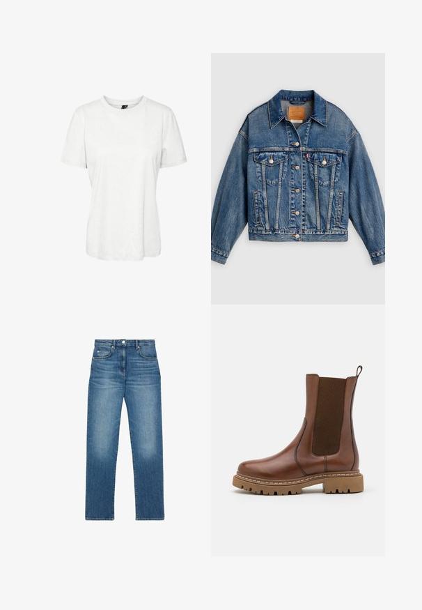 Blauwe spijkerjack met knoopsluiting aan de voorkant, twee borstflapzakken met knopen, zijzakken en een puntige kraag.; Witte korte mouw t-shirt van katoen met een ronde hals en een relaxte pasvorm. Gladde textuur en geen zichtbare patronen of versieringen.; Blauwe spijkerbroek met rechte pijpen, voorknop en rits, vijfzakkenmodel en subtiele vervaagde details op dijen en knieën.; Bruine leren enkelboot met elastische panelen en een trekomed. Kenmerkt zich door een robuuste rubberen zool en zichtbare stiksels langs de randen.