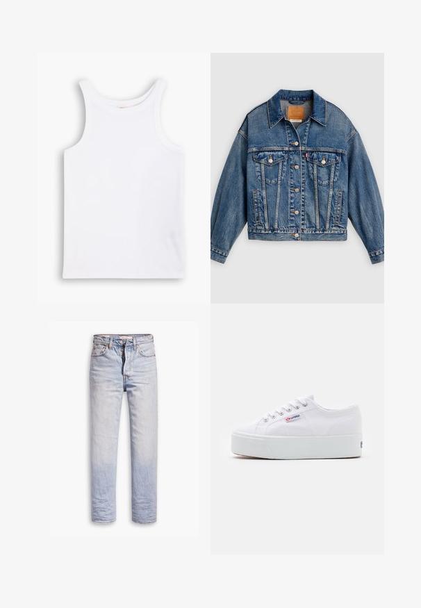 Blå denimjakke med knapper foran, to brystlommer med klap og knapper, sidelommer og en spids krave.; Hvid bomulds tanktop med brede skulderstropper, en rund halsudskæring og en glat, ribbet tekstur. Ingen mønstre eller detaljer til stede.; Lyseblå denimjeans med lige ben, der har en knaplukning, fem lommer og en diskret falmning langs benene.; Hvide canvas sneakers med en tyk hvid platformssål, rund tå og metaløjelets til snørebånd. Mærkets logo præsenteret på siden.