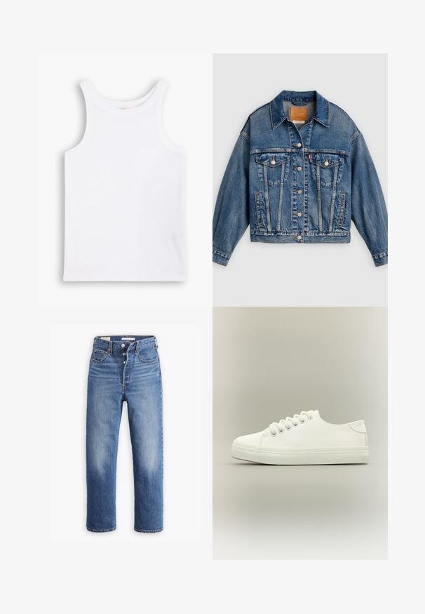 Veste en denim bleue avec fermeture à boutons, deux poches poitrine à rabat avec boutons, poches latérales et col pointu.; Débardeur en coton blanc avec de larges bretelles, un col rond et une texture lisse et côtelée. Aucun motif ni accent présent.; Jean en denim bleu avec une taille haute, une coupe droite et des zones décolorées. Comprend des poches avant et des accessoires métalliques.; Baskets basses blanches avec lacets blancs et semelle en caoutchouc, vues de côté sur un fond neutre.
