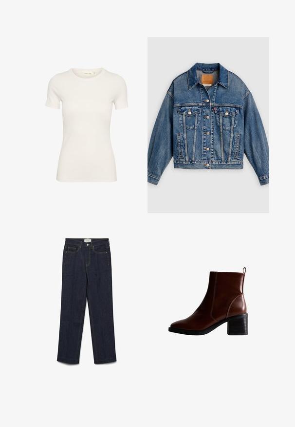 Blauwe spijkerjack met knoopsluiting aan de voorkant, twee borstflapzakken met knopen, zijzakken en een puntige kraag.; Korte mouwen witte T-shirt van ribkatoen, met een ronde halslijn en een getailleerde pasvorm. Geen zichtbare patronen of accenten.; Donkerblauwe denim jeans met een rechte pijp, gele stiksels, twee voorzakken en een ritssluiting.; Bruin lederen enkellaars met een vierkante neus en zijnaad, een gestapelde hak van 7,5 cm en een lus aan de achterkant voor gemakkelijk aan- en uittrekken.