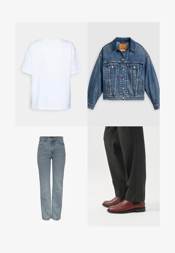 Chaqueta de mezclilla azul con cierre de botones al frente, dos bolsillos con solapa y botones en el pecho, bolsillos laterales y cuello puntiagudo.; Camiseta de algodón blanca de manga corta vista desde atrás sobre un fondo gris claro.; Jeans de pierna recta de cintura alta en azul claro con cierre frontal de botón y cremallera, cinco bolsillos y pasadores para cinturón.; Persona que lleva pantalones rectos de color gris oscuro y zapatos de vestir de cuero marrón sin cordones, de pie sobre un suelo blanco.