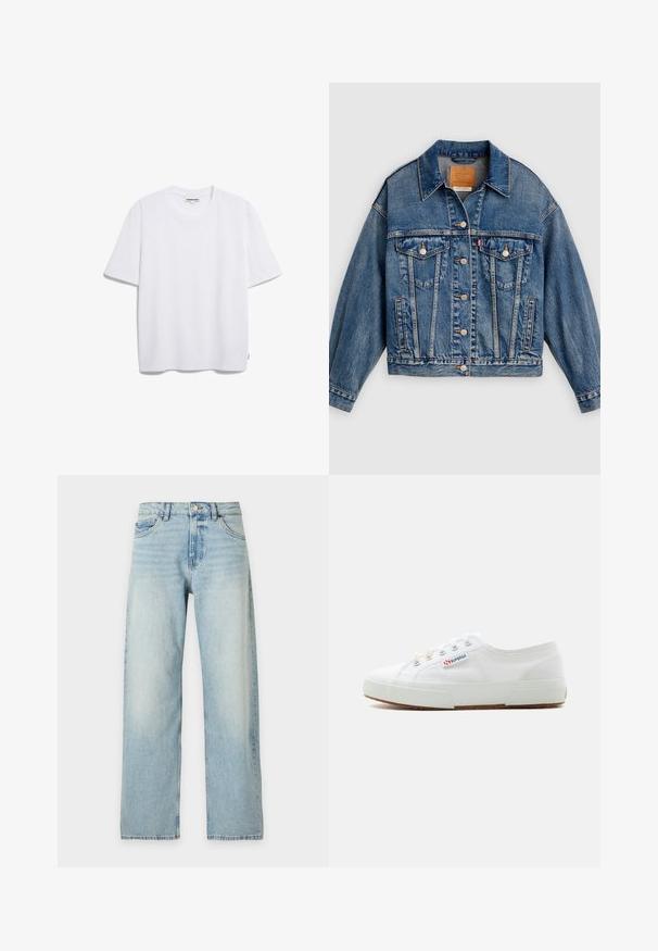 Blaue Jeansjacke mit Knopfleiste, zwei aufgesetzten Brusttaschen mit Knöpfen, Seitentaschen und spitzem Kragen.; Weißes Baumwoll-T-Shirt mit kurzen Ärmeln, runder Halslinie und lockerer Passform. Keine sichtbaren Muster oder Logos. Glatte Textur.; Hellblaue Jeans mit hoher Taille und geradem Bein, mit Knopf- und Reißverschluss, vorne und hinten Taschen auf neutralem Hintergrund.; Weißer flacher Canvas-Turnschuh mit Gummisohle, Metallösen und dem Markenlabel "Superga" an der Seite, von der Außenseite gezeigt.