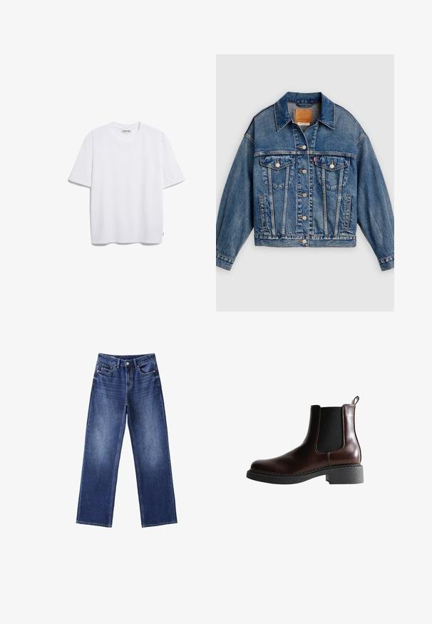 Blaue Jeansjacke mit Knopfleiste, zwei aufgesetzten Brusttaschen mit Knöpfen, Seitentaschen und spitzem Kragen.; Weißes Baumwoll-T-Shirt mit kurzen Ärmeln, runder Halslinie und lockerer Passform. Keine sichtbaren Muster oder Logos. Glatte Textur.; Blaue Denim-Jeans mit weitem Bein, vorderer Knopfleiste und Reißverschluss, Gürtelschlaufen und fünf Taschen auf weißem Hintergrund.; Braune Leder-Boots mit elastischen Seitenteilen, runder Spitze und einer strukturierten schwarzen Gummisohle. Verfügt über kontrastierende Nähte und eine Ziehlasche.