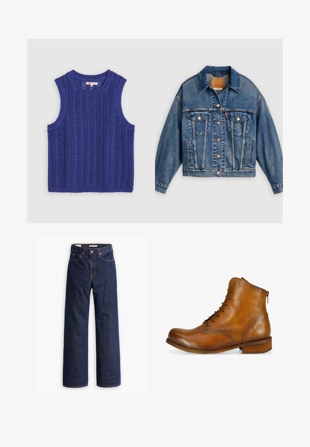 Chaqueta de mezclilla azul con cierre de botones al frente, dos bolsillos con solapa y botones en el pecho, bolsillos laterales y cuello puntiagudo.; Top de punto sin mangas en un vibrante color púrpura, con un patrón texturizado, cuello redondo y bordes acanalados.; Vaqueros de mezclilla azul oscuro de pierna recta con cinco bolsillos, costuras naranjas y cierre de botón.; Botín de cuero marrón hasta el tobillo con puntera redondeada, parte delantera con cordones, cremallera lateral y un tacón de madera bajo. Presenta un sutil logo grabado en el tacón.