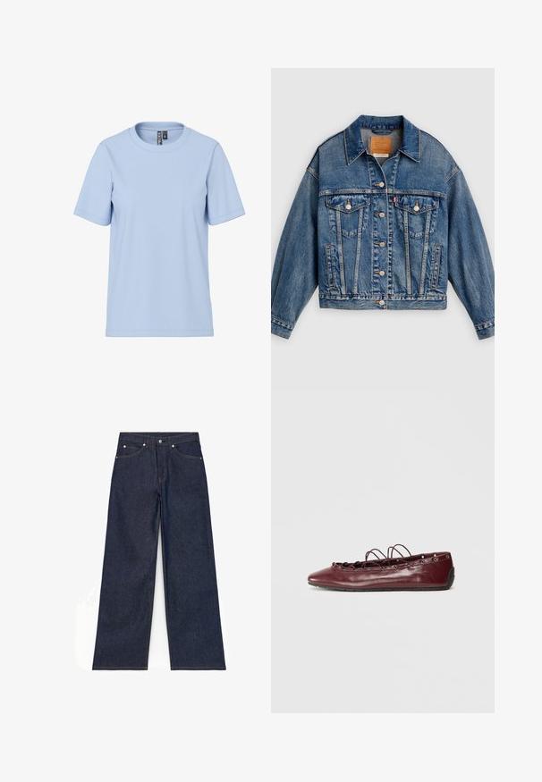 Blauwe spijkerjack met knoopsluiting aan de voorkant, twee borstflapzakken met knopen, zijzakken en een puntige kraag.; Lichtblauw T-shirt met korte mouwen, gemaakt van zachte stof, met een klassieke ronde halslijn en zonder zichtbare patronen of hardware.; Donkerblauwe jeans met wijde pijpen, vooraan knopen, rits en voor- en achterzakken, plat liggend op een witte achtergrond getoond.; Bordeaux leren ballerina's met een spitse neus, kantdetails aan de voorkant en zilveren oogjes. Zachte zool voor flexibiliteit en comfort.