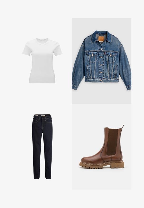 Blauwe spijkerjack met knoopsluiting aan de voorkant, twee borstflapzakken met knopen, zijzakken en een puntige kraag.; Witte nauwsluitende dames T-shirt met korte mouwen, geribbeld en met een ronde hals en een klein maatlabel aan de binnenzijde van de kraag.; Donkerblauwe denim jeans met een rechte pasvorm, voorzien van voorzakken, een ritssluiting en contrasterende goudgele stikdetails.; Bruine leren enkelboot met elastische panelen en een trekomed. Kenmerkt zich door een robuuste rubberen zool en zichtbare stiksels langs de randen.