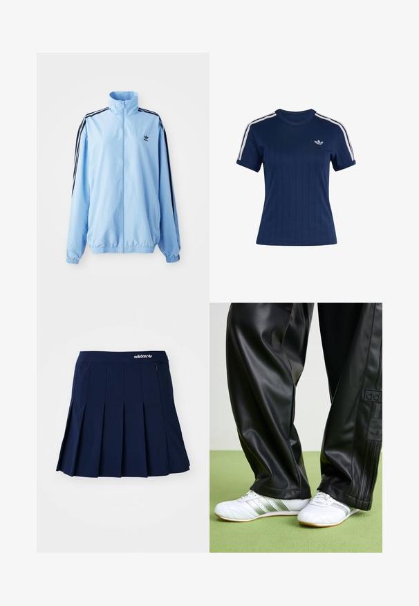 Lichtblauwe nylon jas met een hoge kraag, zwarte zijstrepen, elastische manchetten en een klein zwart logo op de borst.; Marineblauw atletisch shirt met korte mouwen met witte drievoudige strepen op de schouders en klein wit Adidas trefoil-logo op de borst.; Marineblauwe plooienrok van lichtgewicht stof; heeft een elastische tailleband en een klein zipvak, met een wit Adidas-logo op de voorkant.; Zwarte faux leren broek met een losse pasvorm, voorzien van een gladde textuur en zijstrepen. Gepaarde met witte sneakers met zilveren accenten.