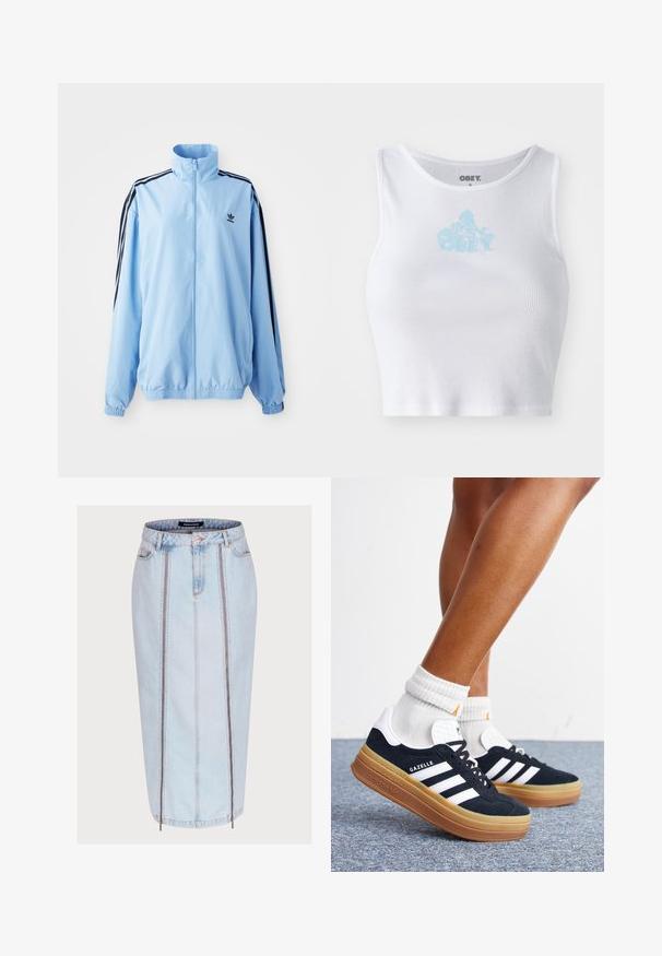 Lichtblauwe nylon jas met een hoge kraag, zwarte zijstrepen, elastische manchetten en een klein zwart logo op de borst.; Witte geribbelde crop top met een ronde halslijn en een lichtblauwe "OBEY" logo in het midden van de borst. Soepele textuur en aansluitend ontwerp.; Lichtblauwe denim rok met een getailleerd ontwerp, voorzien van twee voorzakken met rits, details in de centrale naad en een lengte tot halverwege het kuit.; Ben met witte sokken en zwarte Adidas Gazelle sneakers met witte strepen en dikke bruine zolen op een grijs tapijt.