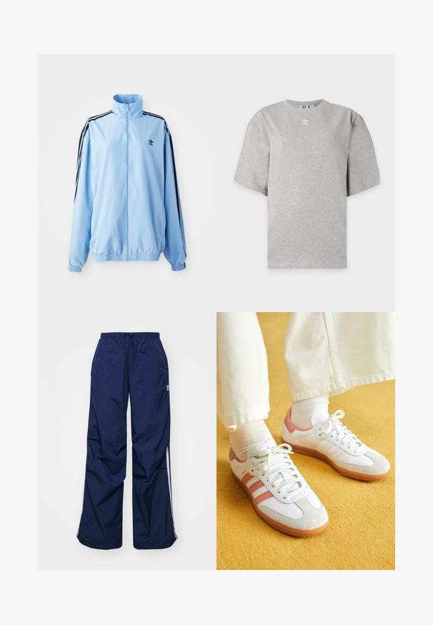 Lichtblauwe nylon jas met een hoge kraag, zwarte zijstrepen, elastische manchetten en een klein zwart logo op de borst.; Lichtgrijs Adidas T-shirt met korte mouwen, ronde hals en klein wit Adidas-logo op de borst, weergegeven op een effen achtergrond.; Navyblauwe, lichtgewicht broek met elastische taille en trekkoord, voorzien van witte zijstrepen en een klein logo aan de voorkant. Losse pasvorm.; Witte sportschoenen met roze accenten, gemaakt van suede en leer, met een ronde neus en een rubberen zool, weergegeven met lichtgekleurde sokken op een gele achtergrond.