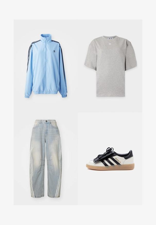 Lyseblå jakke lavet af nylon, med høj krave, sorte sidestropper, elastiske manchetter og et lille sort logo på brystet.; Lysegrå Adidas T-shirt med korte ærmer, rund hals og lille hvid Adidas-logo på brystet, vist på en ensfarvet baggrund.; Lyseblå denimjeans med løs pasform, der har hvide striber ned langs siderne, slidte detaljer og knaplukning i taljen.; Hvid og sort Adidas Spezial-sneaker med gummisål, sorte striber og sort snørebåndsdække på en ensartet lys baggrund.