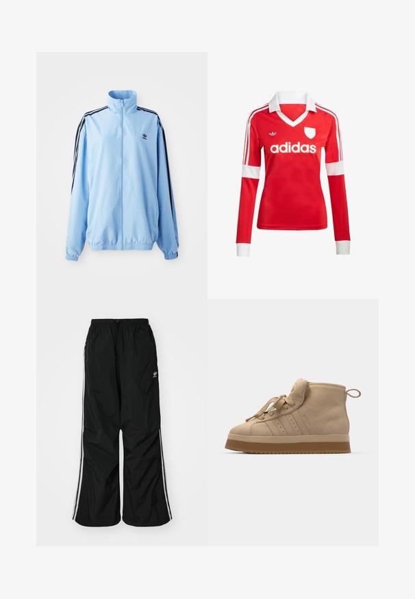 Lyseblå jakke lavet af nylon, med høj krave, sorte sidestropper, elastiske manchetter og et lille sort logo på brystet.; Rød langærmet fodboldtrøje med hvid krave og manchetter. Har tre hvide striber på skuldrene og "adidas" logoet fremtrædende vist.; Sorte vindjakke-bukser med elastisk talje, snøre, hvide side-striber, løs pasform og en lille logo på venstre side.; Beige ruskinds høje sneakers med en tykk gummisål, der har en foldbar tunge, rund tå og dekorative snørebånd.