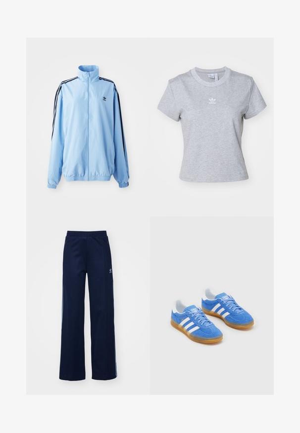 Lyseblå jakke lavet af nylon, med høj krave, sorte sidestropper, elastiske manchetter og et lille sort logo på brystet.; adidas Originals ESS SLIM TEE - T-shirts basic - medium grey heather; Marineblå bomuldsblandede træningsbukser med bred benstil, elastisk talje og lynlåslommer, prydet med hvide sideordner og logo-detalje.; Blå ruskinds sportsko med hvide stribede detaljer, gummisål og polstret krave for komfort. Har klassisk snørebåndsdesign.