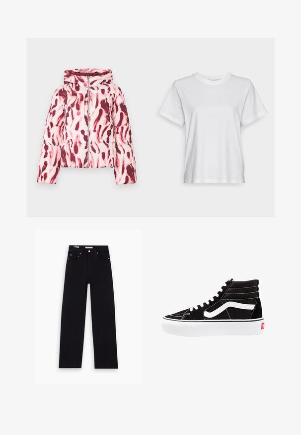 Gewatteerde jas met een roze en burgundy abstract patroon, voorzien van een capuchon en een frontale rits, gemaakt van een soepele, lichte stof.; Witte katoenen t-shirt met korte mouwen, ronde hals en een ontspannen pasvorm. Soepele textuur, zonder patroontjes of graphics, basisontwerp.; Zwarte denim jeans met een recht model, vijf zakken, koperen hardware en een gladde textuur. Twee labels zichtbaar op de tailleband.; Zwarte high-top sneakers met witte veters, een wit logo en contrasterende witte stiksels. Heeft een dikke witte zool en een bovenwerk van gestructureerd suede.