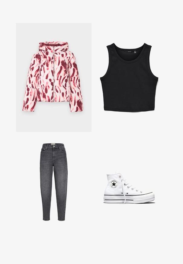 Polstret jakke med et pink og burgundermønster i abstrakt design, der har hætte og lynlås foran, lavet af et glat, let stof.; Sort cropped tank top lavet af ribbet stof. Har brede stropper og en rund halsudskæring med en tætsiddende pasform.; Sortvaskede jeans med høj talje, tilspidset pasform, forlommer, bæltestropper og knaplukning foran.; Hvid højtop Converse Chuck Taylor All Star-sneaker med sort logo-patch og hvide snørebånd, vist på hvid baggrund.