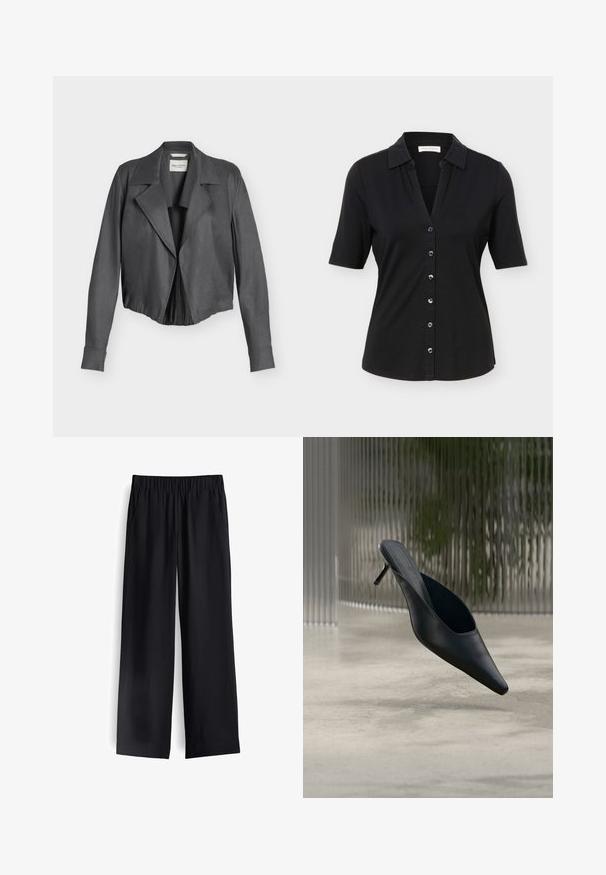 Donkergrijze suède cropped jas met brede revers, lange mouwen en een aansluitende tailleband, afgebeeld tegen een effen lichte achtergrond.; Zwart overhemd met korte mouwen en knopen, een kraag, zes knopen aan de voorkant en een licht getailleerd silhouet.; Zwarte wijde broek van soepel materiaal, met een elastische tailleband en twee zijzakken, met een vloeiende drape en een minimalistisch ontwerp.; Zwarte mule met puntige neus en dunne hoge hak, die boven een gladde betonnen vloer zweeft, met een wazige verticale gestreepte achtergrond.