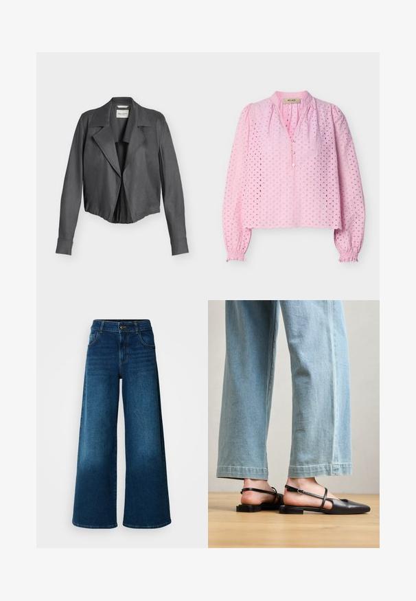 Veste courte en daim gris foncé avec larges revers, manches longues et taille cintrée, présentée sur un fond clair uni.; Blouse à manches longues rose clair avec motif ajouré, ourlet festonné, col en V boutonné et poignets élastiqués froncés de la marque Mos Mosh.; Jean large en denim bleu foncé. Doté d'une taille haute, d'une fermeture à bouton et d'un design classique à cinq poches avec une légère décoloration.; Chaussures slingback en cuir noir avec un bout pointu, un talon plat et une bride à la cheville ; portées avec un jean large bleu clair.