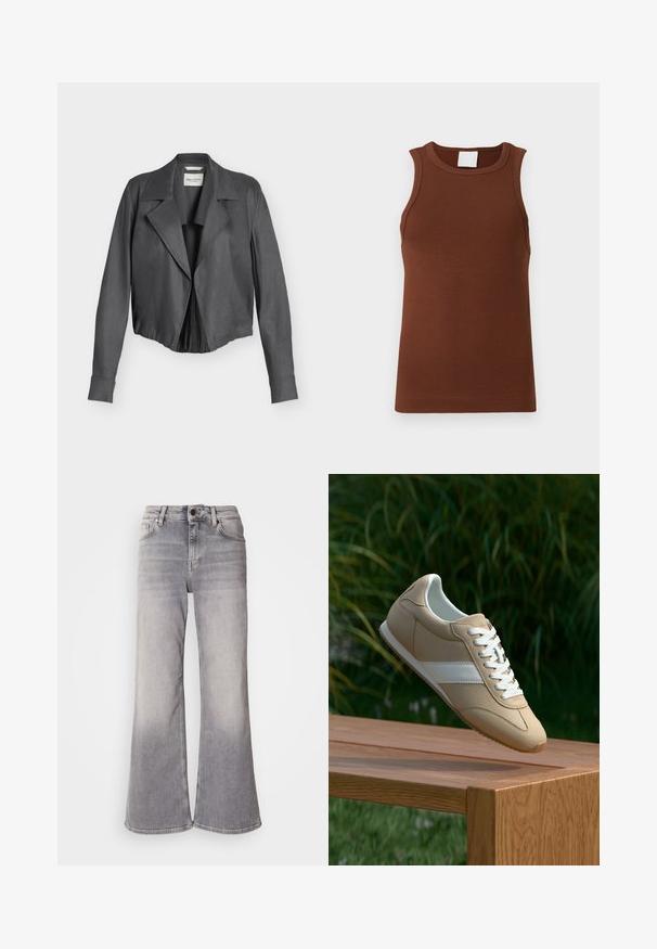 Veste courte en daim gris foncé avec larges revers, manches longues et taille cintrée, présentée sur un fond clair uni.; Haut sans manches marron côtelé avec un col rond. Confectionné en tissu extensible, il présente une coupe ajustée et une texture unie.; Mos Mosh HERA - Jean flare - grey; Chaussure de sport beige avec une finition en daim lisse, des lacets blancs et une bande blanche contrastante. Design minimaliste avec un bout arrondi et une semelle texturée.